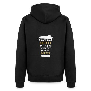 Ich trinke keinen Kaffee um wach zu werden - Unisex Premium Bio Zip Hoodie - Schwarz - Hinten - Nico (187cm)