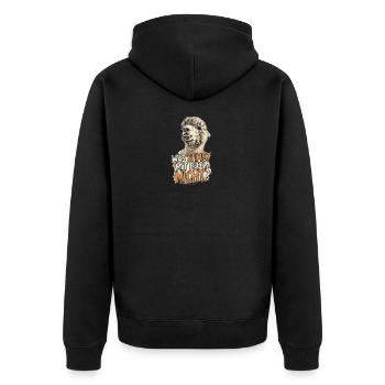 Alpaka Spruch "Was stimmt mit euch nicht?" - Unisex Premium Bio Zip Hoodie - Schwarz - Hinten - Nico (187cm)