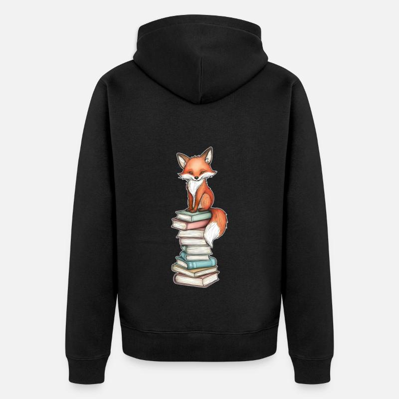 Fuchs auf Bücherstapel - Unisex Premium Bio Zip Hoodie - Schwarz