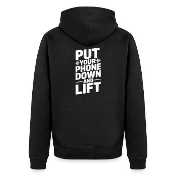 Legen Sie Ihr Telefon weg und heben Sie es an - Unisex Premium Bio Zip Hoodie - Schwarz - Hinten - Nico (187cm)