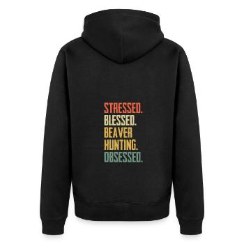 Stressed Funny Beaver Hunting Obsessed - Unisex Premium Bio Zip Hoodie - Schwarz - Hinten - Nico (187cm)