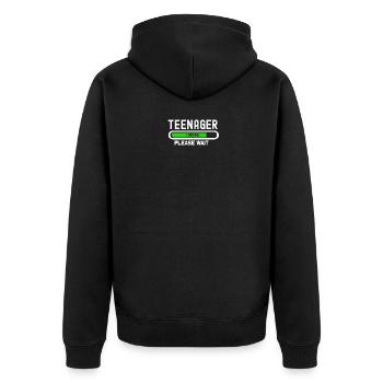 enager loading, bitte warten - Unisex Premium Bio Zip Hoodie - Schwarz - Hinten - Nico (187cm)