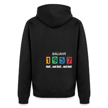 Baujahr 1957 - läuft und läuft und läuft - Unisex Premium Bio Zip Hoodie - Schwarz - Hinten - Nico (187cm)