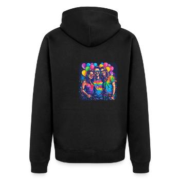 Rainbow Connection Embrace, Happy Pride - Unisex Premium Bio Zip Hoodie - Schwarz - Hinten - Nico (187cm)