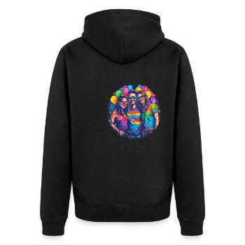 Rainbow Connection Embrace, Happy Pride - Unisex Premium Bio Zip Hoodie - Schwarz - Hinten - Nico (187cm)