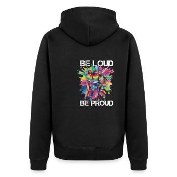 Rainbow Connection Embrace, Happy Pride - Unisex Premium Bio Zip Hoodie - Schwarz - Hinten - Nico (187cm)