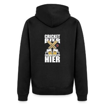 Lustiger Spruch Cricket Bier darum bin ich hier - Unisex Premium Bio Zip Hoodie - Schwarz - Hinten - Nico (187cm)