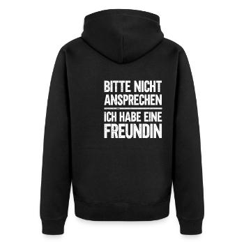 Bitte nicht ansprechen ich habe eine Freundin - Unisex Premium Bio Zip Hoodie - Schwarz - Hinten - Nico (187cm)