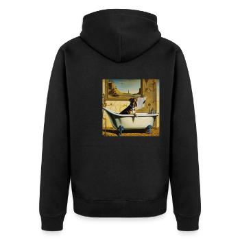 Hund, der im Badezimmer Zeitung liest ,retro look - Unisex Premium Bio Zip Hoodie - Schwarz - Hinten - Nico (187cm)