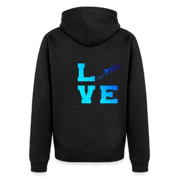Herren Damen Blechblasinstrument Posaunistin - Unisex Premium Bio Zip Hoodie - Schwarz - Hinten - Nico (187cm)