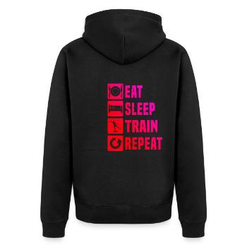 Fitness Aerobic Fitness Körpergymnastik - Unisex Premium Bio Zip Hoodie - Schwarz - Hinten - Nico (187cm)
