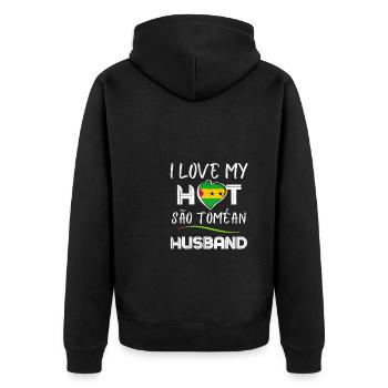 São Toméan Husband Proud Wife - Unisex Premium Bio Zip Hoodie - Schwarz - Hinten - Nico (187cm)