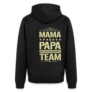 mama und papa team - Unisex Premium Bio Zip Hoodie - Schwarz - Hinten - Nico (187cm)