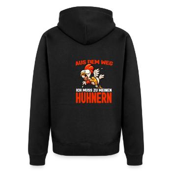 Aus dem weg - ich muss zu meinen Hühnern - Unisex Premium Bio Zip Hoodie - Schwarz - Hinten - Nico (187cm)