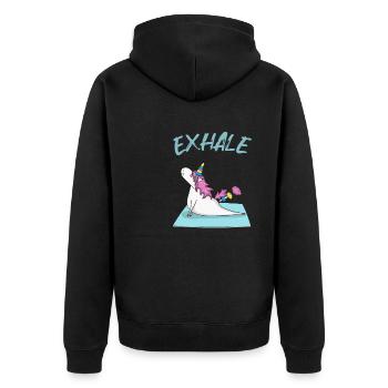 Yoga Einhorn inhale and exhale - Unisex Premium Bio Zip Hoodie - Schwarz - Hinten - Nico (187cm)