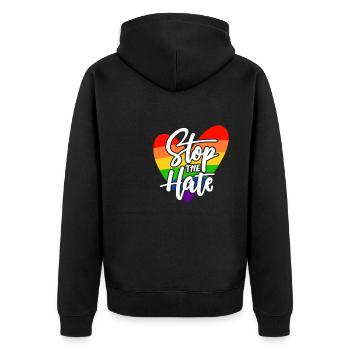 Stolz LGBTQ. Stellungnahme - Unisex Premium Bio Zip Hoodie - Schwarz - Hinten - Nico (187cm)