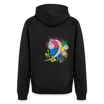 Bassschlüssel auf Farbklecksen - Unisex Premium Bio Zip Hoodie - Schwarz - Hinten - Nico (187cm)