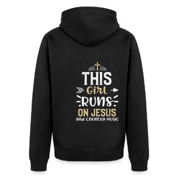 This Girl Runs On Jesus And Coun... - Unisex Premium Bio Zip Hoodie - Schwarz - Hinten - Nico (187cm)