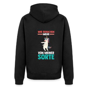 Einhorn Wir brauchen mehr von meiner Sorte - Unisex Premium Bio Zip Hoodie - Schwarz - Hinten - Nico (187cm)