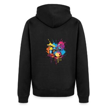 Schlagzeug auf bunten Farbklecksen - Unisex Premium Bio Zip Hoodie - Schwarz - Hinten - Nico (187cm)