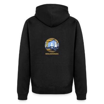 Ostthüringen Merch - Kemenate Orlamünde - Unisex Premium Bio Zip Hoodie - Schwarz - Hinten - Nico (187cm)