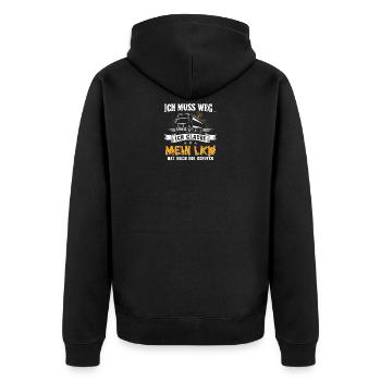 Lastwagen LKW Spedition Geschenk · ich muss weg - Unisex Premium Bio Zip Hoodie - Schwarz - Hinten - Nico (187cm)