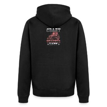 Landwirtin Traktor Frau Geschenk · Crazy - Unisex Premium Bio Zip Hoodie - Schwarz - Hinten - Nico (187cm)