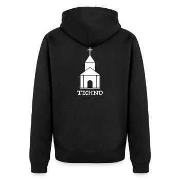 Techno Church Rave Raveoutfit Teknival Teuf Raver - Unisex Premium Bio Zip Hoodie - Schwarz - Hinten - Nico (187cm)