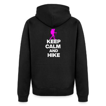 KEEP CALM AND HIKE ON, WANDERLUST, GESCHENK 🚶 - Unisex Premium Bio Zip Hoodie - Schwarz - Hinten - Nico (187cm)
