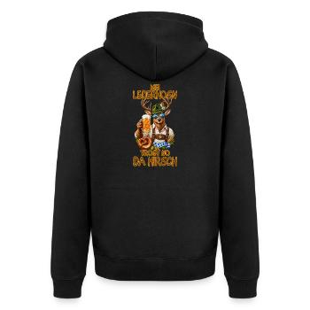Lederhosenhirsch mit Bierkrug - Unisex Premium Bio Zip Hoodie - Schwarz - Hinten - Nico (187cm)