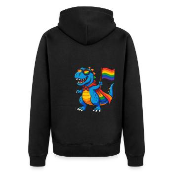 Pride Dino mit Regenbogen Cape - Unisex Premium Bio Zip Hoodie - Schwarz - Hinten - Nico (187cm)