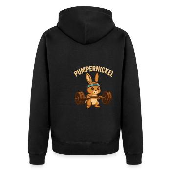 Pumpernickel Power – Witziger Muskelhase - Unisex Premium Bio Zip Hoodie - Schwarz - Hinten - Nico (187cm)