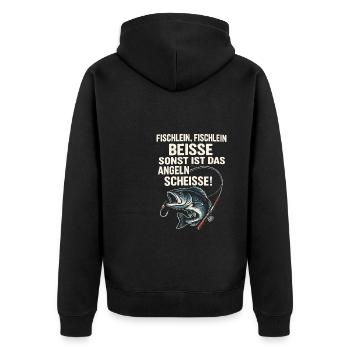 Fischlein beiße – Witziger Angler Reim - Unisex Premium Bio Zip Hoodie - Schwarz - Hinten - Nico (187cm)