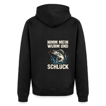 Nimm mein Wurm – Freches Angelmotiv - Unisex Premium Bio Zip Hoodie - Schwarz - Hinten - Nico (187cm)