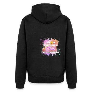 I Know I Play Like A Girl Try To Keep Up - Unisex Premium Bio Zip Hoodie - Schwarz - Hinten - Nico (187cm)