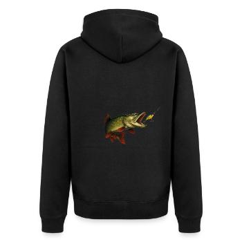 Hecht Biss Szene – Wobbler & Fangmoment - Unisex Premium Bio Zip Hoodie - Schwarz - Hinten - Nico (187cm)