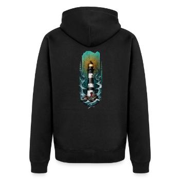 Guiding Light: Lighthouse Amidst the Sea Waves - Unisex Premium Organic Zip Hoodie - black - Back - Nico (187cm)