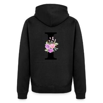 Lila Blumenbuchstabe I - Unisex Premium Bio Zip Hoodie - Schwarz - Hinten - Nico (187cm)
