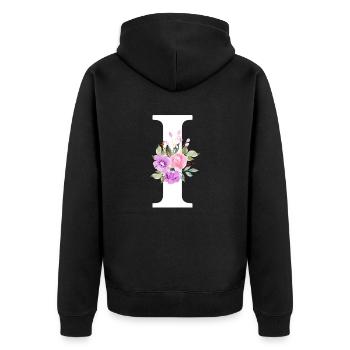 Lila Blumenbuchstabe I - Unisex Premium Bio Zip Hoodie - Schwarz - Hinten - Nico (187cm)