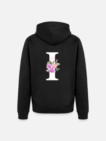 Purple Floral Letter I - Unisex Premium Organic Zip Hoodie - black