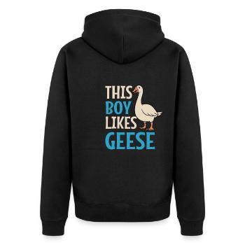 Junge mag Gänse ironischer Spruch niedlicher - Unisex Premium Bio Zip Hoodie - Schwarz - Hinten - Nico (187cm)