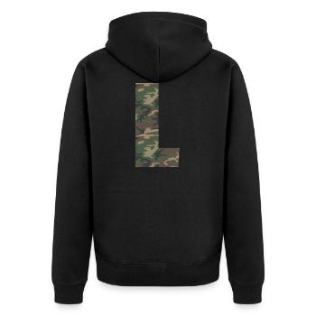 Tough letter L in camouflage pattern! - Unisex Premium Organic Zip Hoodie - black - Back - Nico (187cm)