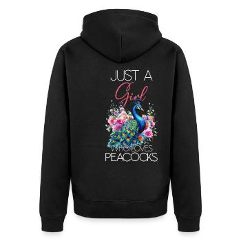 Pfau Blumen Pfauenfeder Exotisch Farbenfroh Bunt - Unisex Premium Bio Zip Hoodie - Schwarz - Hinten - Nico (187cm)
