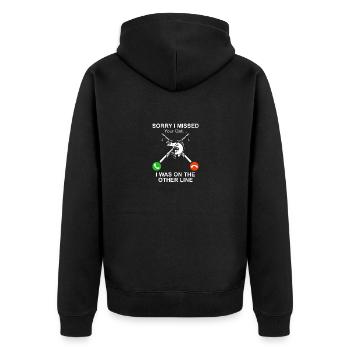 Sorry I missed your call, - Unisex Premium Organic Zip Hoodie - black - Back - Nico (187cm)