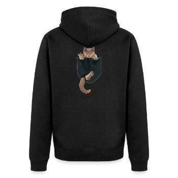 Lustige Katze in Tasche zeigt Mittelfinger - Unisex Premium Bio Zip Hoodie - Schwarz - Hinten - Nico (187cm)
