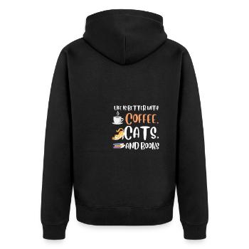 Life is better with a Coffee Cats and Books Cat - Unisex Premium Bio Zip Hoodie - Schwarz - Hinten - Nico (187cm)