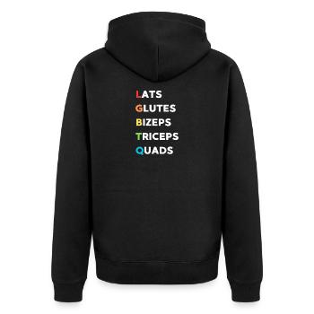 Muskelgruppen Mix: Lats Glutes Quads - Unisex Premium Bio Zip Hoodie - Schwarz - Hinten - Nico (187cm)