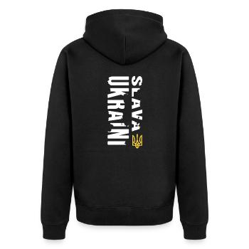 UKRAINE support Selenskyj slava ukraini - Unisex Premium Bio Zip Hoodie - Schwarz - Hinten - Nico (187cm)