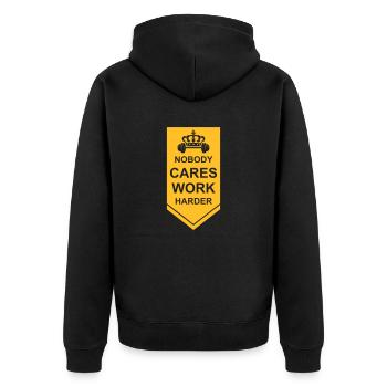 nobody cares work harder - Unisex Premium Organic Zip Hoodie - black - Back - Nico (187cm)