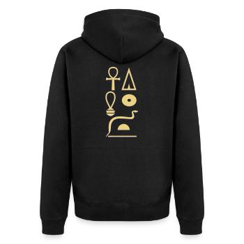 Hieroglyphen - Leben wie Re ewig - Unisex Premium Bio Zip Hoodie - Schwarz - Hinten - Nico (187cm)